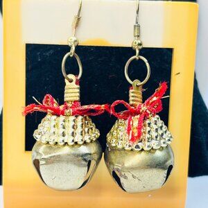 Vintage-Inspired Gold-Toned Jingle Bell Earrings With Red Bow Accent & Decorativ